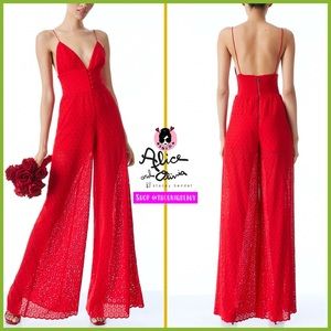 Alice + Olivia Tilly Bright Red Eyelet Wide Leg Button Front Jumpsuit